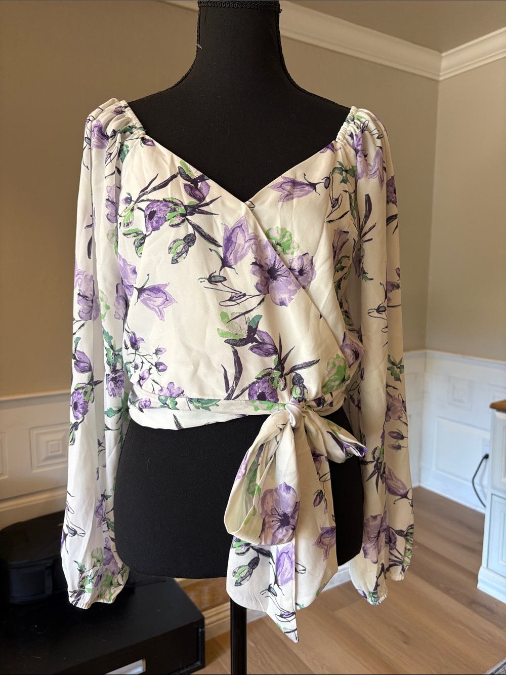 Floral Wrap Tie Blouse - White with Lavender Floral